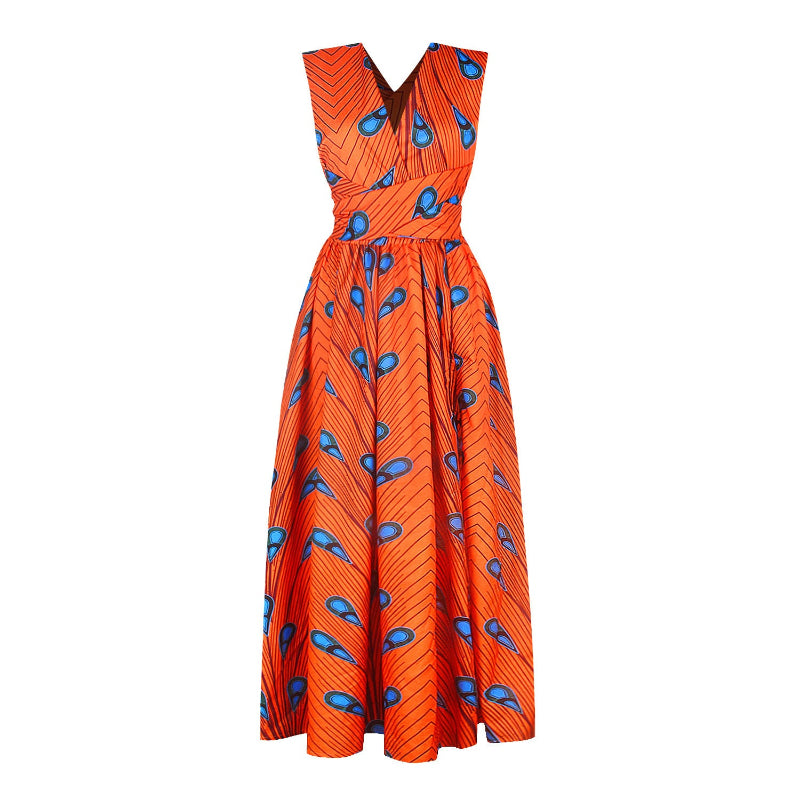 Orange dress with blue pattern on a white background