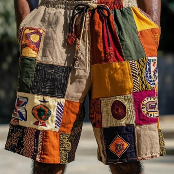 Colorful patchwork shorts with various patterns and textures.