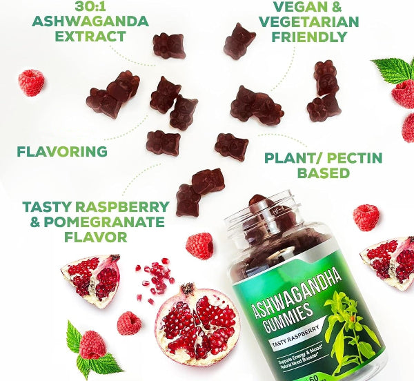 Ashwagandha gummies with a bottle on a white background, featuring raspberries and pomegranates.
