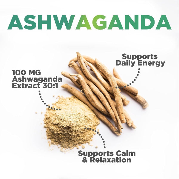Ashwaganda roots and powder with text highlighting benefits on a white background