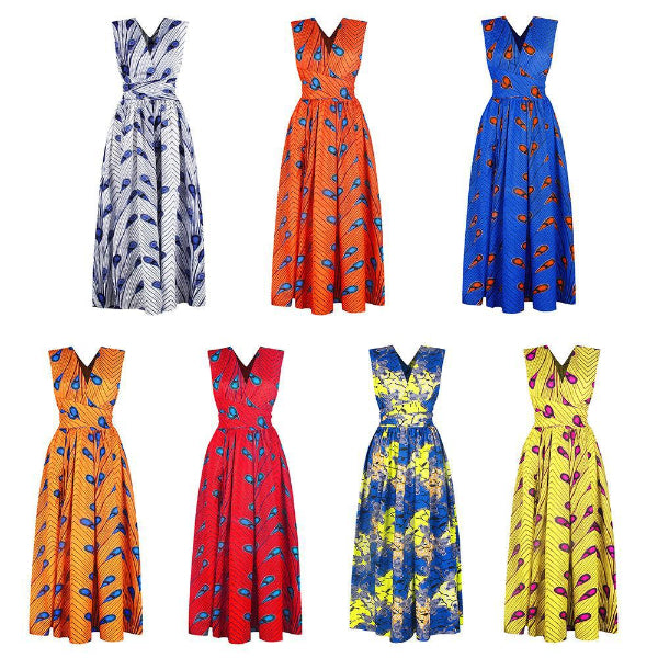 Set of eight colorful dresses with various patterns on a white background