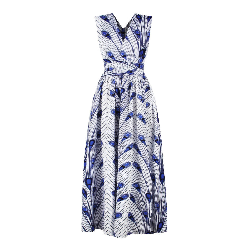 Blue and white patterned dress on a white background