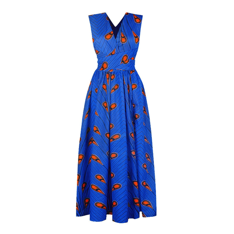 Blue dress with orange pattern on a white background