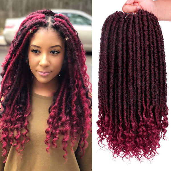 Woman with burgundy red pink hair extensions and a close-up of the hair extensions.