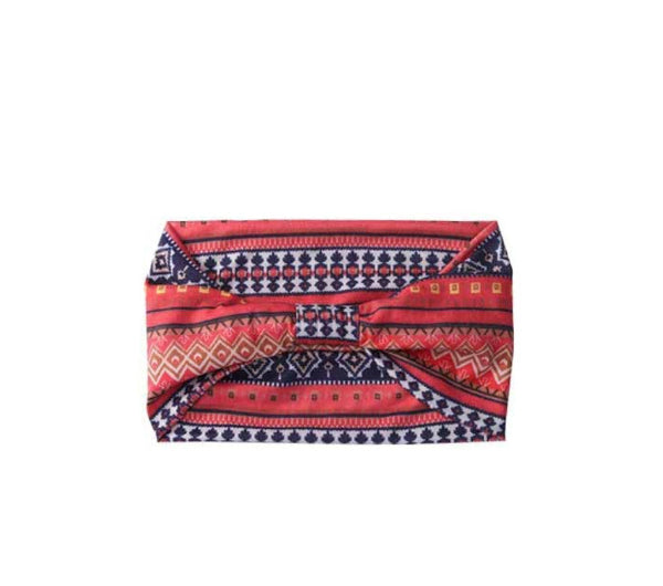 Red and blue patterned headband on a white background