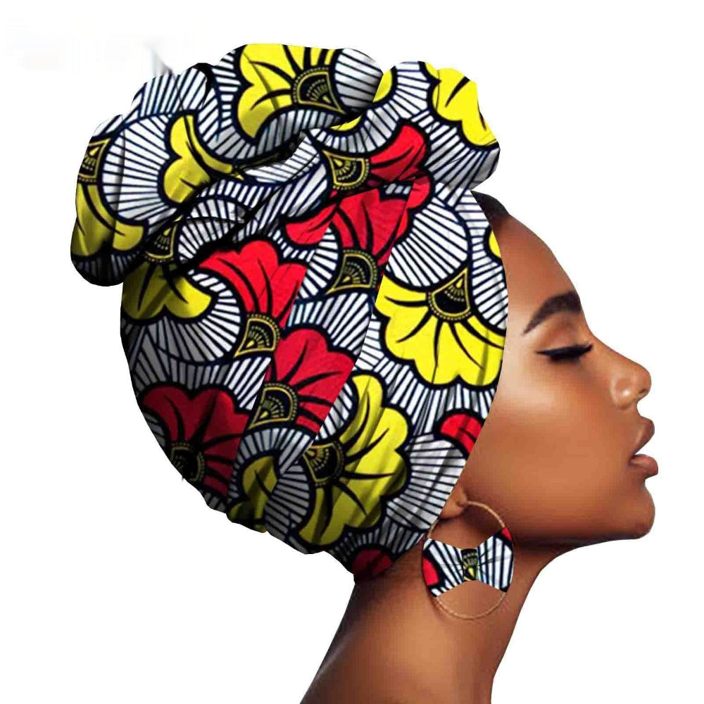 Woman wearing a colorful headscarf with a white background