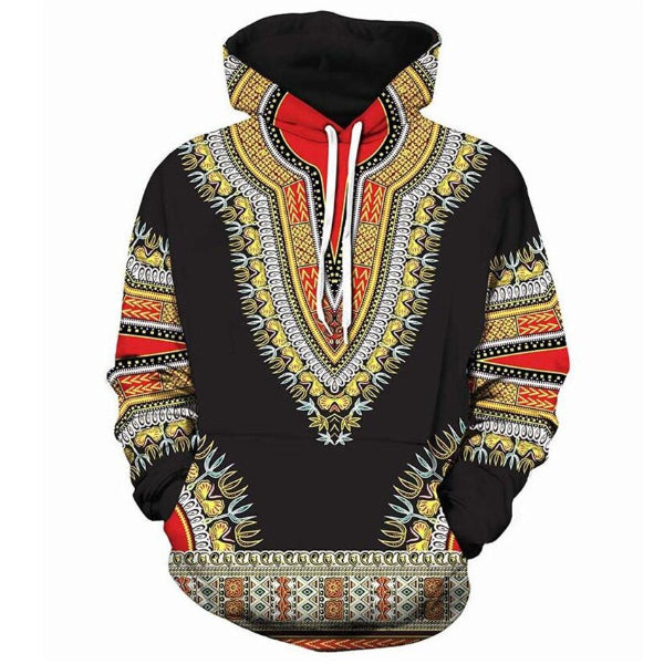 Black hoodie with colorful African-inspired pattern on a white background