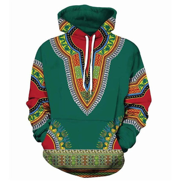 Colorful hoodie with traditional African design on a white background