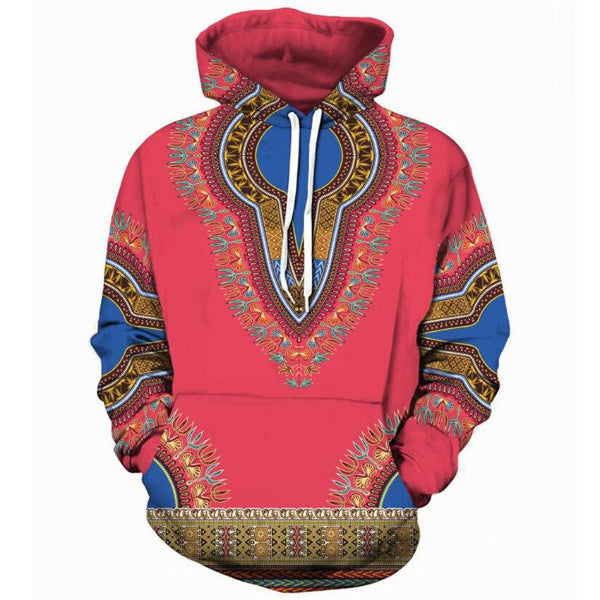 Colorful hoodie with traditional African design on a white background