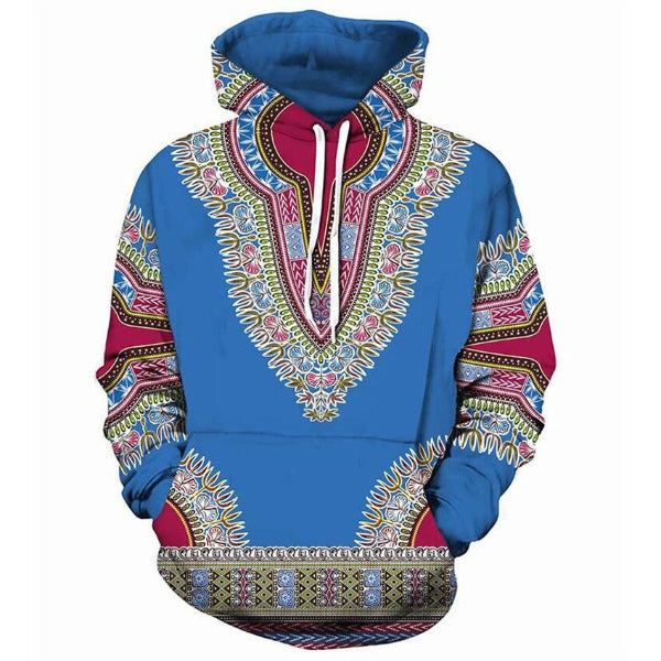 Colorful hoodie with intricate African patterns on a white background