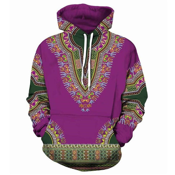 Purple hoodie with colorful African geometric pattern on a white background