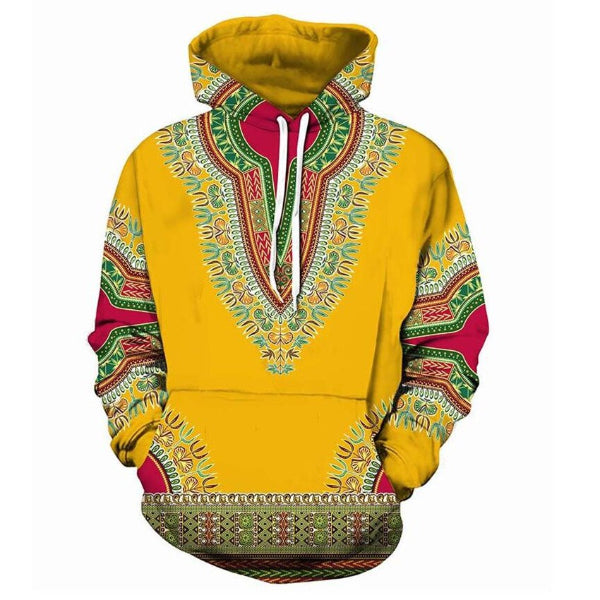 Yellow hoodie with colorful African Dashiki pattern on a white background