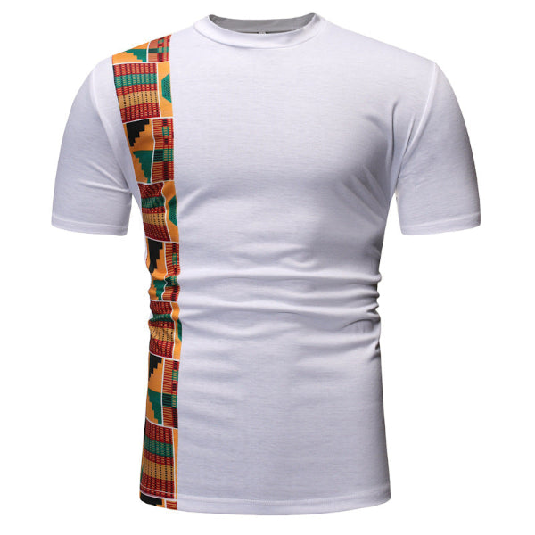 White t-shirt with colorful patterned shoulder strap on a white background