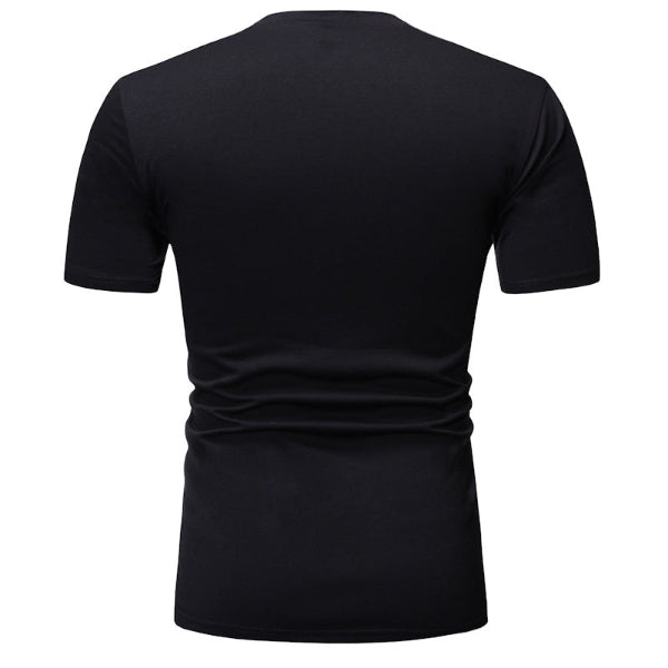 Black t-shirt shown from the back on a white background