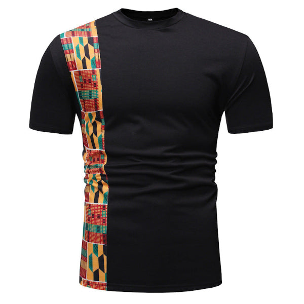 Black t-shirt with a colorful geometric patterned strap on a white background