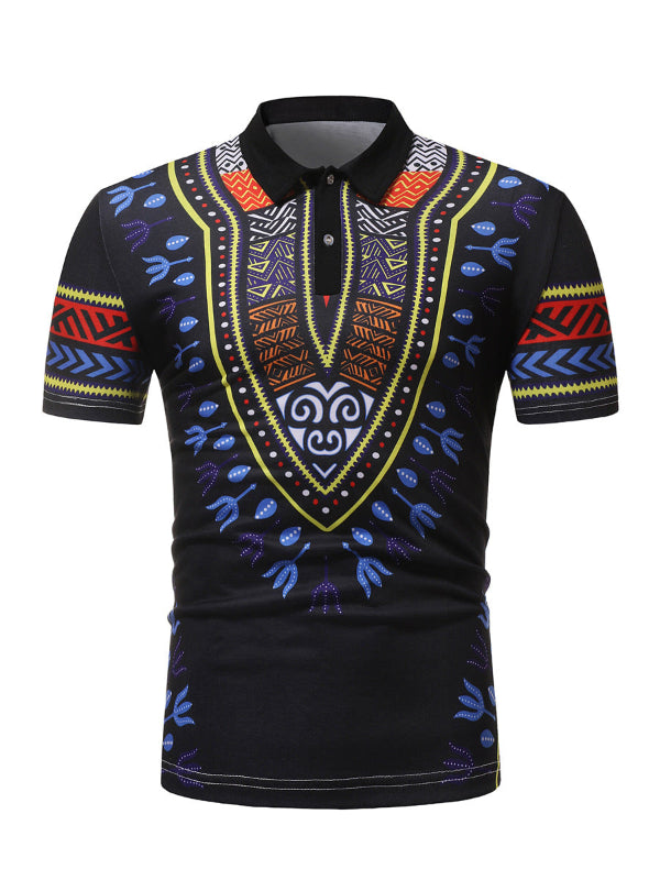 Black polo shirt with colorful African print design on a white background