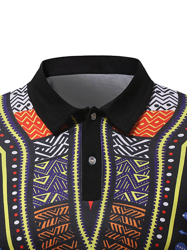 Colorful African patterned shirt with a black collar on a white background