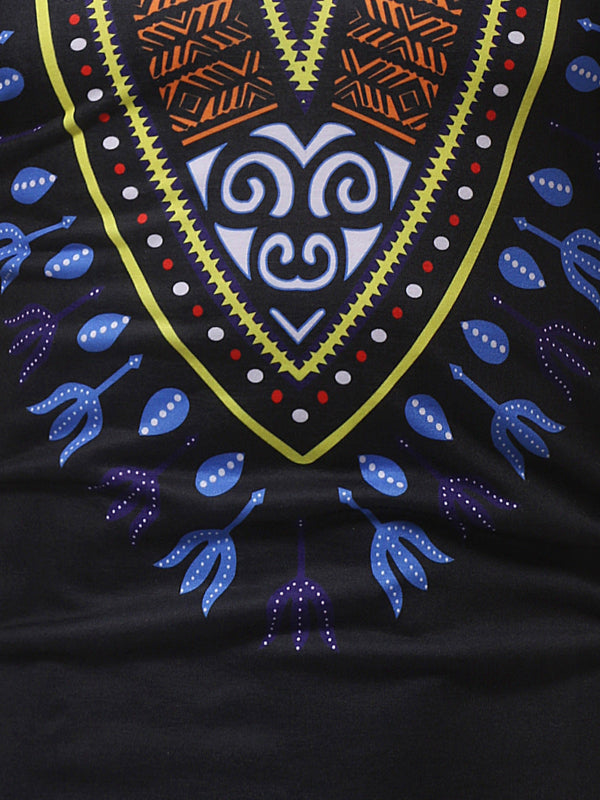 Close-up of a colorful traditional African pattern on black fabric