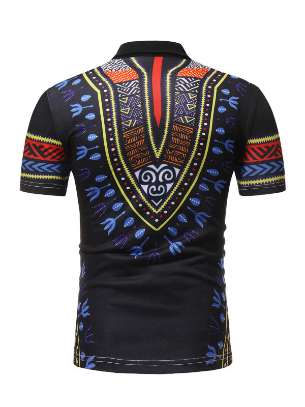 Black polo shirt with colorful Dashiki pattern on a white background