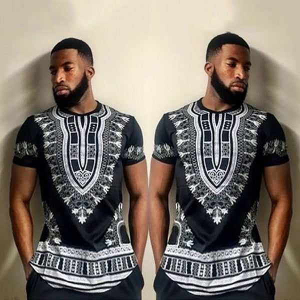 Two identical images of a man wearing a black and white patterned shirt against a plain background.