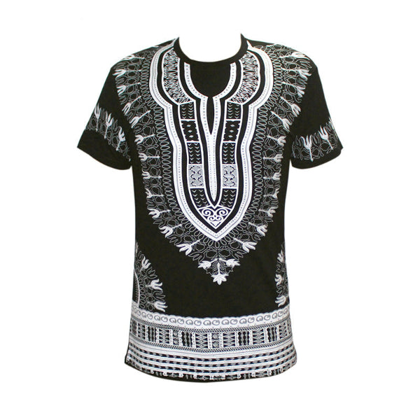 Black t-shirt with white geometric pattern on a white background