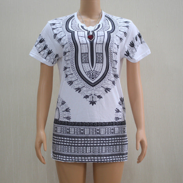 White t-shirt with black pattern on a mannequin against a plain background